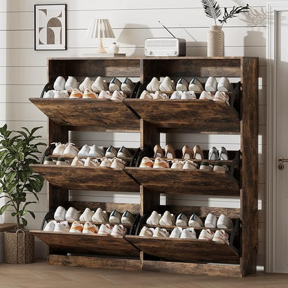 Shoe Storage Cabinet for Entryway with 6 Flip Drawers, Sturdy Wood Hidden Shoe Storage, Freestanding Narrow Slim Shoe Organizer for Front Door Entrance, Living Room, Hallway, Bedroom, Brown