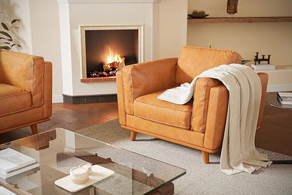 Valencia Artisan Full Leather Accent Chair 41.5” | Pure Full Italian Nappa Leather Chair, Solid Wood Accent, Ultimate Comfort, Cognac Tan