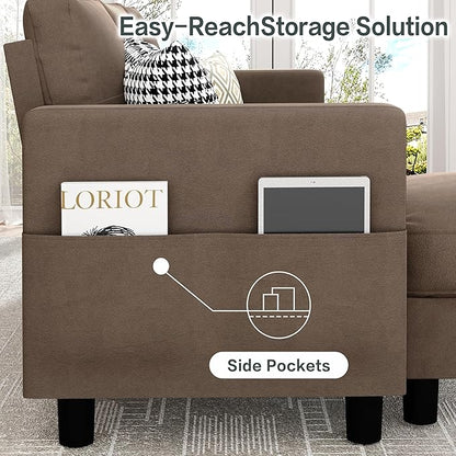 JY QAQA Convertible Sectional Sofa Couch with 3-Seat Sofa, L-Shaped Ottoman Couch with Modern Linen Fabric for Small Living Room, Apartment and Small Space(Brown)