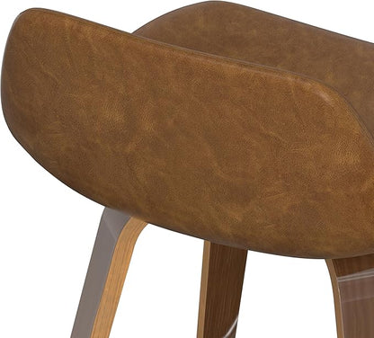 SIMPLIHOME Randolph Counter Stools (Set of 2) - 28 Inch Seat Height Upholstered Bentwood Kitchen Seats in Deep Tan Vegan Faux Leather, Mid Century Modern Seating with Curved Backrest and Footrest