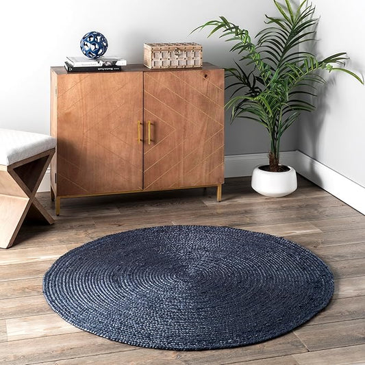 nuLOOM 8 Round Rigo Jute Hand Woven Area Rug, Navy, Solid Farmhouse Design, Natural Fiber, For Bedroom, Living Room, Dining Room, Hallway, Office, Kitchen, Entryway