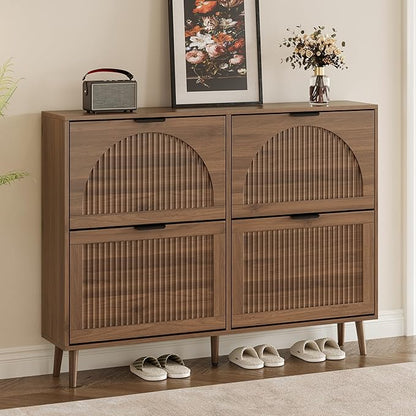 Shoe Cabinet for Entryway with 4 Flip Drawers, Slim Wooden Shoe Storage Organizer with Modern Fluted Pannel，Freestanding Narrow Hidden Shoe Rack for Hallway, Foyer, Living Room