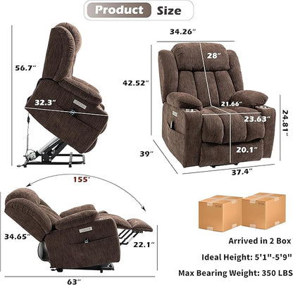 Power Lift Chair for Elderly, Electric Recliner Chair with 8-Point Vibration Massage and Lumbar Heating, Charging Ports, Cup Holders, Standing Assistance Reclining - Brown