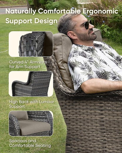 7-Piece Outdoor Wicker Patio Furniture Set with Swivel Glider Chairs, 3-Seat Sofa, Coffee Table & Ottomans 5” Olefin Cushions Ergonomic Neck-Lumbar Backrest All-Weather Rattan for Garden, Deck, Porch