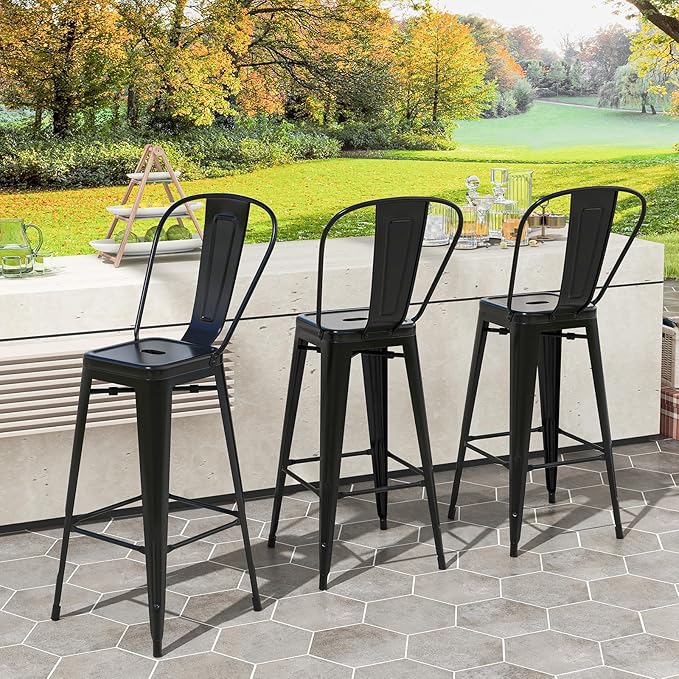COSTWAY 30'' Metal Bar stools Set of 4, with Removable Back,Bar Height Stools with Rubber Feet, Stylish and Modern Chairs, for Kitchen, Dining Rooms, and Side Bar (Black-Update, 30'')