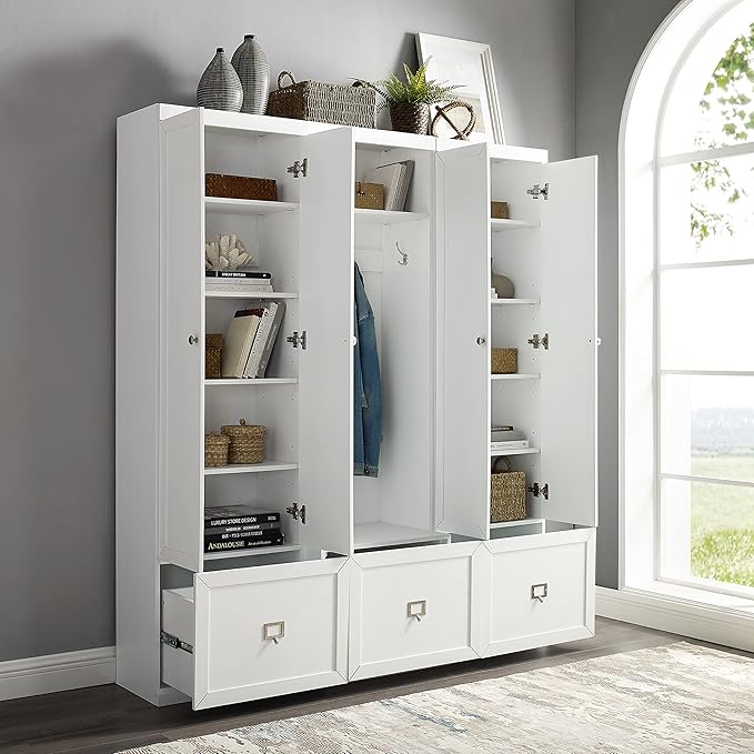 Crosley Furniture Harper 3-Piece Hall Tree and Storage Cabinet Set with Entryway Bench and Hooks for Hanging, White