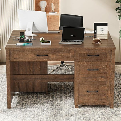 Vabches Farmhouse 47" Executive Desk, Computer Desk with File Drawer and Charging Station, Workstation for Home Office, Study.Red-Brown.
