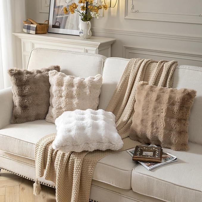 Pack of 2 Thick Plush Throw Pillow Covers Fluffy Wave Faux Fur Decorative Cushion Covers Soft Wool Pillowcase for Sofa Couch Livingroom 20x20 Inch Taupe