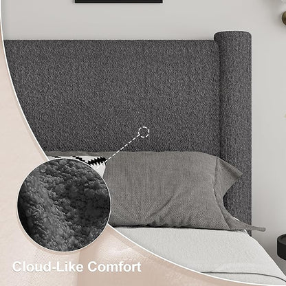 Twin Size Bed Frame, Boucle Upholstered Platform Bed with Headboard and Footboard, Soft Rounded Corners, No Box Spring Required, Easy Assembly, Dark Grey