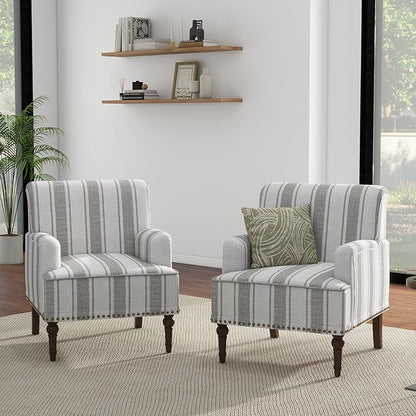 UIXE Stripe Accent Chairs Set of 2, Living Room Arm Chair Modern Nailhead Trim Club Armchair, Comfy Upholstered Sofa Lounge Seat Reading Seat Bedroom Side Seating for Home Office, Gray