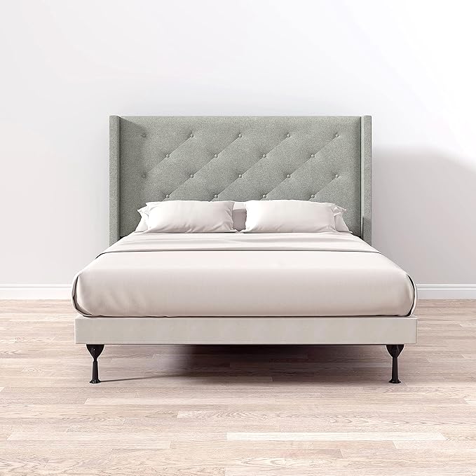 Glenwillow Home Huppe Button Tufted MCM Wingback Upholstered Headboard, Stone, Full/Queen