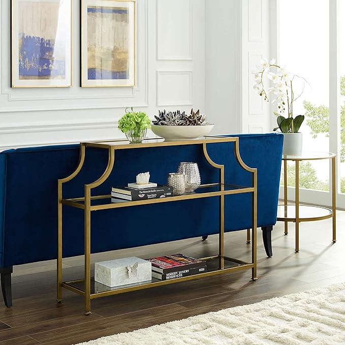 Crosley Furniture Aimee Sofa Console Table with Storage Shelves for Hall, Entryway, or Living Room, Gold and Glass