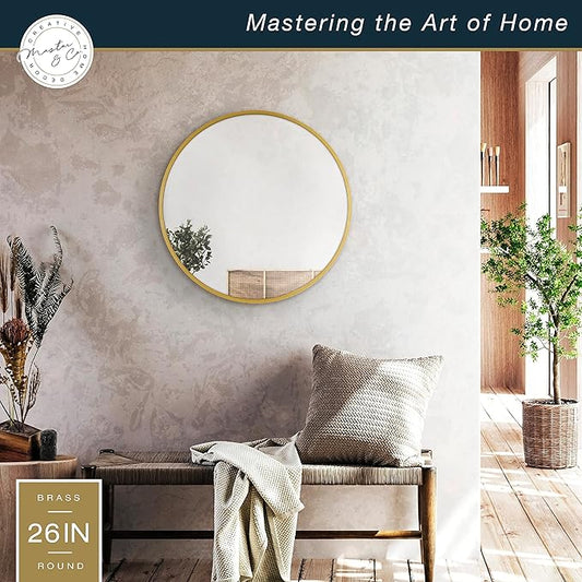 MCS Master & Co. 26in Round Brass Black Mirror, Modern Wall Hanging Large Mirror for Bathroom, Bedroom & Livingroom