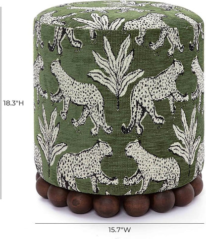 First of a Kind Ottoman Foot Rest - Olive Green Round Ottoman Stool with Solid Wood Spherical Orbs - 15.7" W x 15.7" D x 18.3" H - Handmade, Easy Clean, 330 lbs Weight Capacity