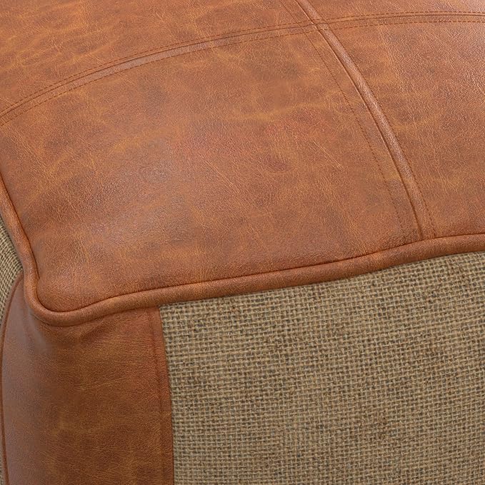 SIMPLIHOME Atkinson Boho Square Pouf in Tan Genuine Leather for the Living Room, Bedroom and Kids Room