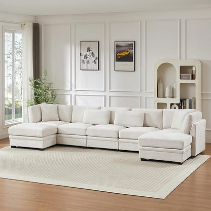 Christopher Knight Home Zery 7-Piece U-Shape Lounge Sofa Couch with Ottomans, Modern Modular Sectional Sofa Set with Pillow Back for Living Room, Chenille Upholstered Cloud Couch with Deep Seat,Beige