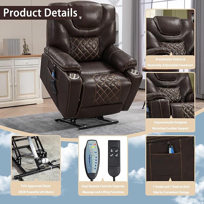 Lift Chair for Elderly: 9988 High Density Foam Lay Flat Heat and Massage, Reclining to 180, 2 Pockets Cup Holders, 2 Remote Controls, Dual OKIN Motors - Breathable Leather Reddish Brown