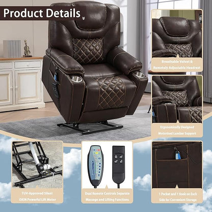Lift Chair for Elderly: 9988 High Density Foam Lay Flat Heat and Massage, Reclining to 180, 2 Pockets Cup Holders, 2 Remote Controls, Dual OKIN Motors - Breathable Leather Reddish Brown