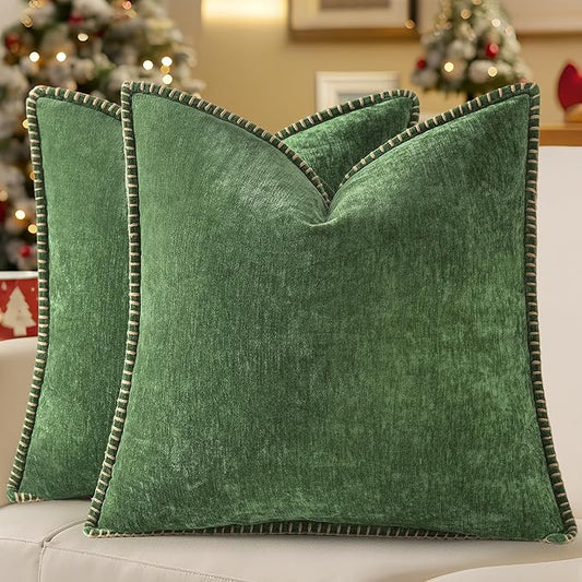 decorUhome Christmas Chenille Soft Throw Pillow Covers 22x22 Set of 2, Farmhouse Velvet Neutral Decorative Euro Fall Pillow Covers with Stitched Edge for Couch Sofa Bed Home Decor, Forest Elf