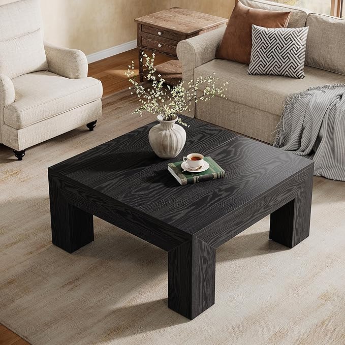 Tribesigns Farmhouse Square Coffee Table for Living Room, 39.37-Inch Low Large Center Tea Accent Table with Sturdy Legs, Easy Assembly (Black)