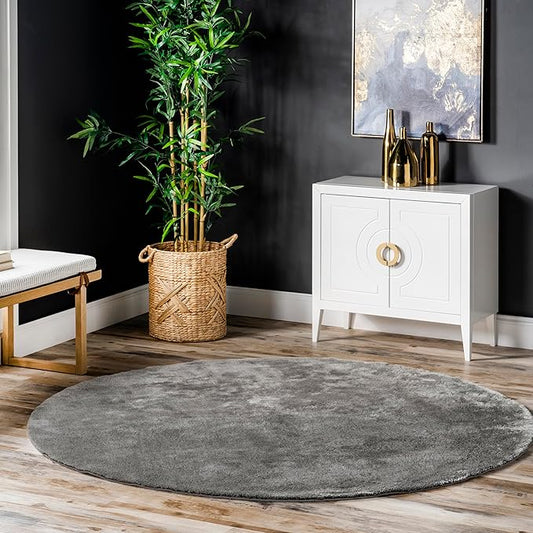 nuLOOM 4' Round Cozy Plush Area Rug, Machine Washable, Non-Slip, Soft Fluffy Shag Carpet for Living Room Bedroom Kids Room Nursery Home Decor, Loni Grey