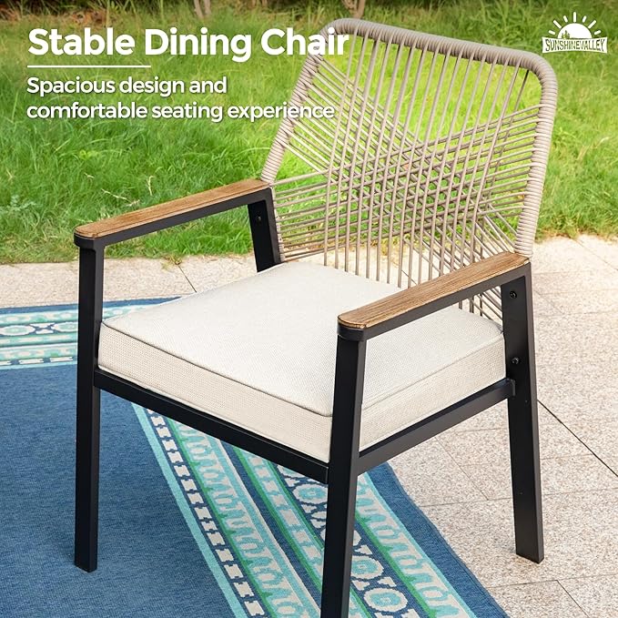 Patio Dining Chairs Set of 4, Heavy-Duty Woven Rope Outdoor Chairs with Waterproof Cushion and Wrought Iron Frame, All-Weather Outside Seating for Kitchen Garden Deck Backyard