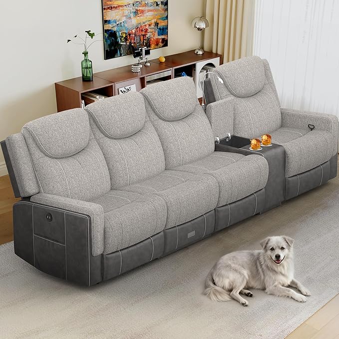 4 Seat Recliner Sofa, 2 - Way Multi - Function Manual 4 Seater Recliner Couch with Cup Holders, Storage & USB Ports, Luxury Large Linen & Leather Blend Reclining Sofa for Living Room