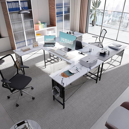 Pamray 71 Inch Large Computer Desk with Power Outlets,U Shaped Corner Desk for Home Office Work and Gaming Grey