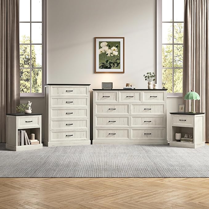Farmhouse Dresser and Nightstand Sets, 4Pcs Bedroom Furniture Set, Nightstand Set of 2 & 55" Wide 9 Drawer and 44" Tall 5 Drawer Dresser with Large Drawers & Bar Handles, White