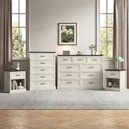 Farmhouse Dresser and Nightstand Sets, 4Pcs Bedroom Furniture Set, Nightstand Set of 2 & 55" Wide 9 Drawer and 44" Tall 5 Drawer Dresser with Large Drawers & Bar Handles, White