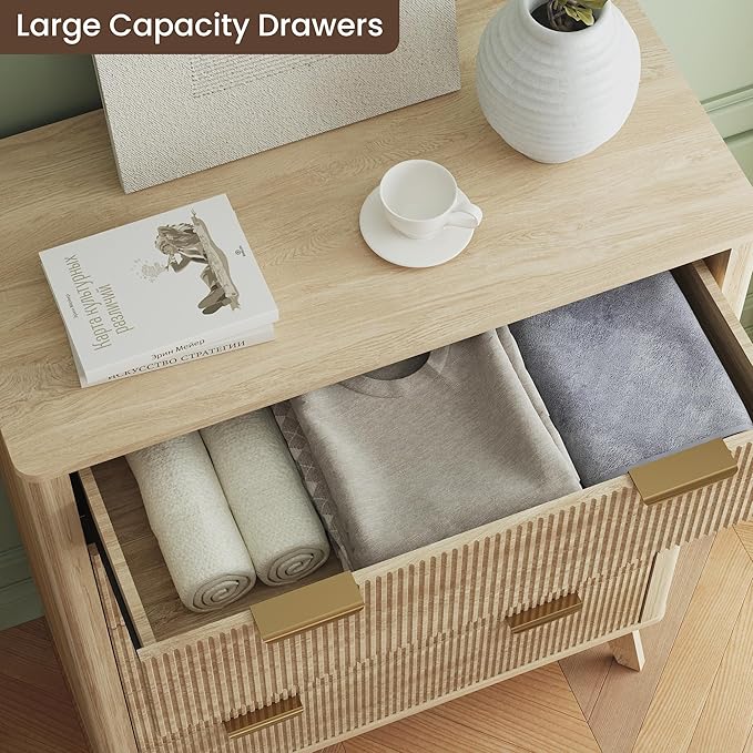 Fluted 5 Drawer Dresser, Tall Dresser with Deep Drawers, Wood Chest of Drawers for Bedroom, Modern Tall Chest Storage Organizer, Natural Finish for Hallway, Entryway, Living Room (Oak)