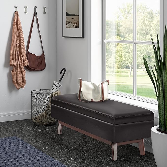 SIMPLIHOME Owen 48 inch Wide Mid Century Modern Rectangle Rectangular Storage Ottoman in Tanners Brown Vegan Faux Leather, Assembled, for the Living Room, Entryway and Family Room