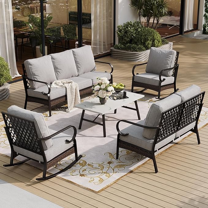 5 Piece Metal Outdoor Patio Furniture Set, Patio Conversation Sets 3-Seater Sofa, 2-Seater Sofa, 2 Rocking Sofa with 5.75" Cushion & Coffee Table Black Backyard Furniture, Light Gray