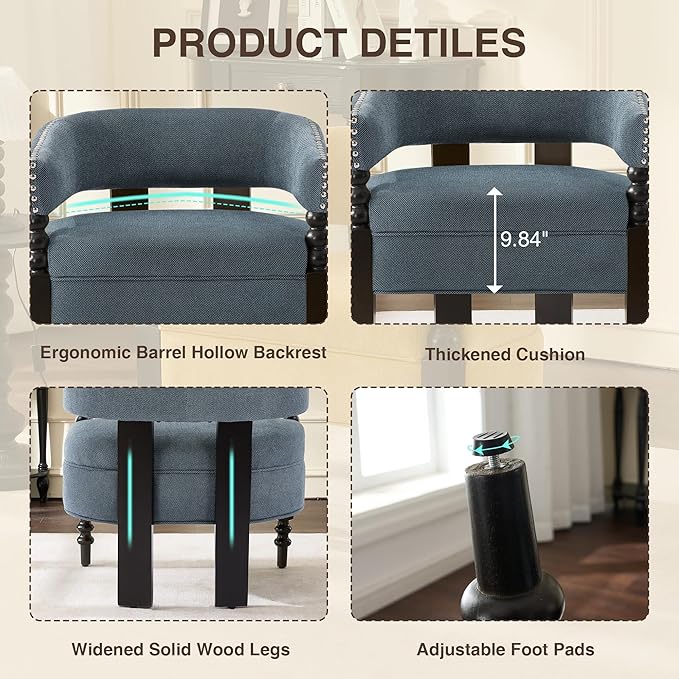 LOULENS Barrel Accent Chair for Living Room | Vintage Linen Upholstered Lounge Chair with with Solid Wood Legs, Armchair for Bedroom, Reception Room & Reading Nook, Blue