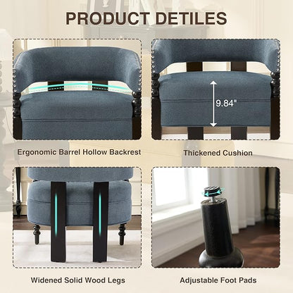 LOULENS Barrel Accent Chair for Living Room | Vintage Linen Upholstered Lounge Chair with with Solid Wood Legs, Armchair for Bedroom, Reception Room & Reading Nook, Blue