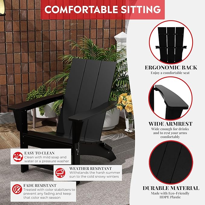 Costaelm Folding Adirondack Chairs, Outdoor Patio Adjustable Lawn Chairs, Weather Resistant Outside Firepit Chairs for Porch, Poolside, Garden, Backyard Deck, Black