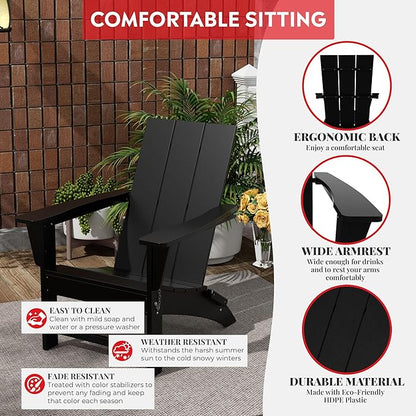 Costaelm Folding Adirondack Chairs, Outdoor Patio Adjustable Lawn Chairs, Weather Resistant Outside Firepit Chairs for Porch, Poolside, Garden, Backyard Deck, Black