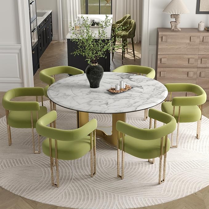 Green and Gold Modern Dining Chairs Set of 6, Velvet Upholstered Barrel Armchairs with Metal Legs for Kitchen Island, Mid Century Accent Chairs for Dining Room Living Room, Open-Back