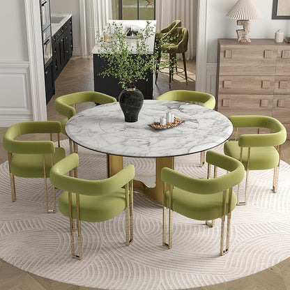 Green and Gold Modern Dining Chairs Set of 6, Velvet Upholstered Barrel Armchairs with Metal Legs for Kitchen Island, Mid Century Accent Chairs for Dining Room Living Room, Open-Back