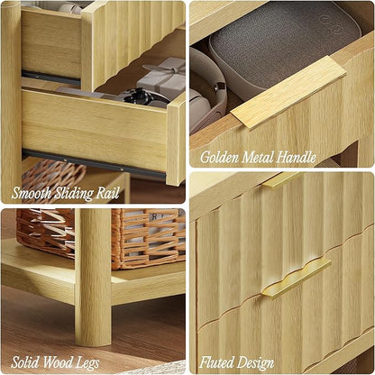 Huuger 27.6 Inch Tall Night Stand with Charger Station, USB-C Port, Fluted Nightstand with 2 Deep Drawers, Larger Wider Bed Side Table with Open Shelf, Bedroom Living Room End Table, Natural Wood