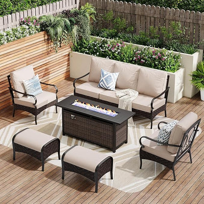 Patio Furniture Set with 56" Fire Pit Table, Premium Outdoor Wicker Metal Frame Furniture with Upgraded Waterproof Thick Cushions for Porch, Poolside, Deck, and Yard （8 Pieces,Beige）
