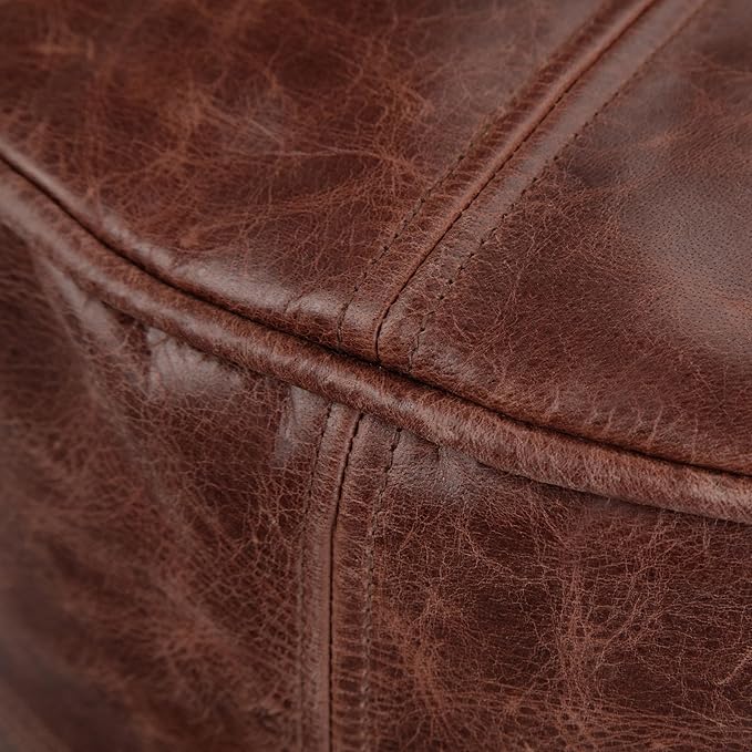SIMPLIHOME Connor Boho Round Pouf in Distressed Brown Genuine Leather for the Living Room, Bedroom and Kids Room