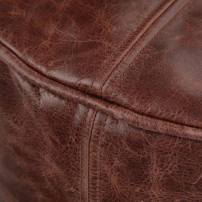 SIMPLIHOME Connor Boho Round Pouf in Distressed Brown Genuine Leather for the Living Room, Bedroom and Kids Room