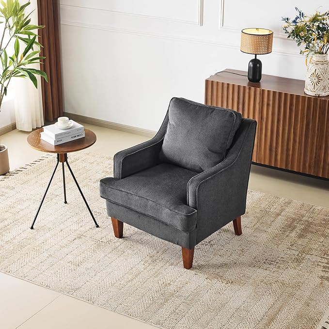 VINGLI Mid-Century Modern Accent Chair, Black Upholstered Armchair Comfy Sofa Chair Reading Chair High Back for Living Room Bedroom Furniture Apartment
