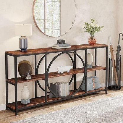 Tribesigns Extra Long Console Table, 70.9 inch Narrow Sofa Tables with 3 Tier Wood Storage Shelves Industrial Metal Frame for Entryway Hallway Living Room Behind Couch, Rustic Brown Black