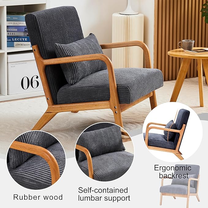 Accent Chairs, Set of 2 Mid-Century Modern Chair with Pillow, Armchair with Solid Wood, Reading Relaxing Leisure Chair for Living Room,（Grey）