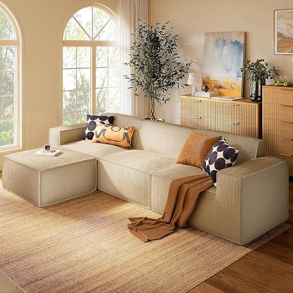 Marsail Modular Sectional Sofa, 111" L-Shaped Modular Sectional Couch with Deep Seat, Freely Combinable Sectional Cloud Sofa for Living Room, No Assembly, Plush Corduroy Fabric, Beige