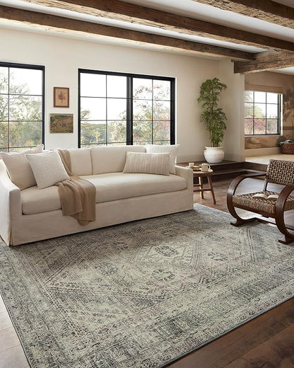 Loloi Magnolia Home by Joanna Gaines Sinclair Collection SIN-04 Natural/Sage 5'-0" x 7'-0", .25" Pile Height, Machine Washable, Area Rug