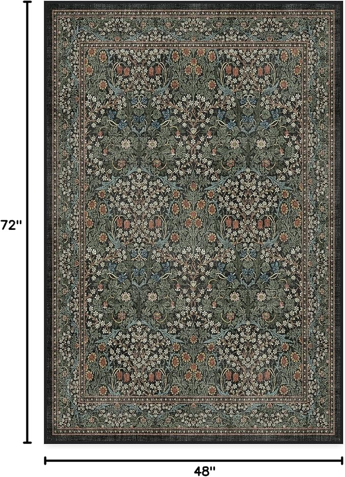 RUGGABLE x Morris & Co Washable Area Rug – Blackthorn Forest Green 4x6, Stain-Resistant, Non-Slip – Medium Machine Washable Rugs for Living Room, Bedroom, Hallway, Entryway & Office–with Standard Pad