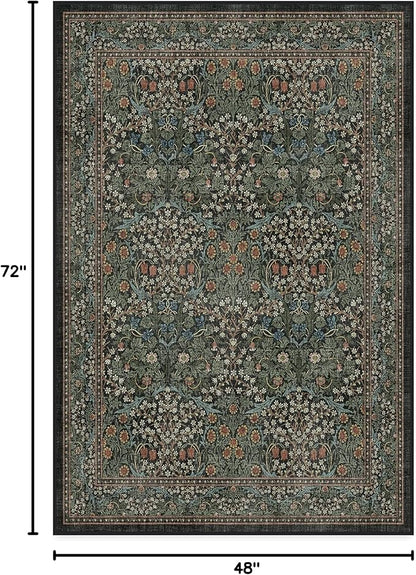 RUGGABLE x Morris & Co Washable Area Rug – Blackthorn Forest Green 4x6, Stain-Resistant, Non-Slip – Medium Machine Washable Rugs for Living Room, Bedroom, Hallway, Entryway & Office–with Standard Pad